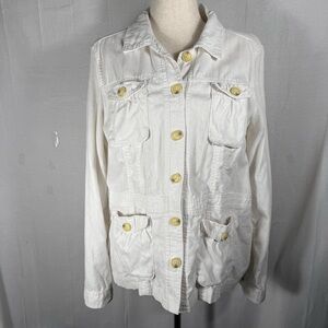 Gap Yves Linen Cargo Utility Jacket Women Size XL Optic White Button Closure